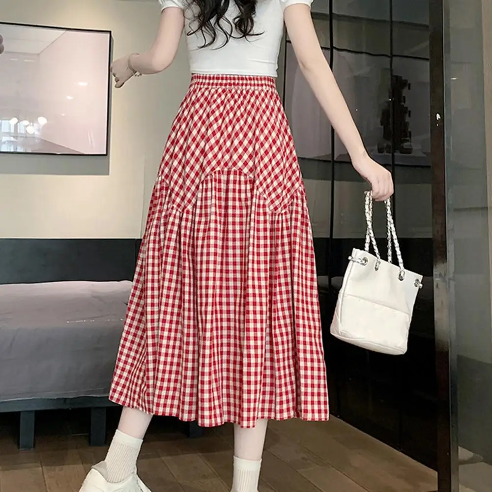 

High Waist Swing Skirt Retro Style Plaid Print A-line Midi Skirt with Elastic High Waist for Women Vintage Swing Skirt for Wear