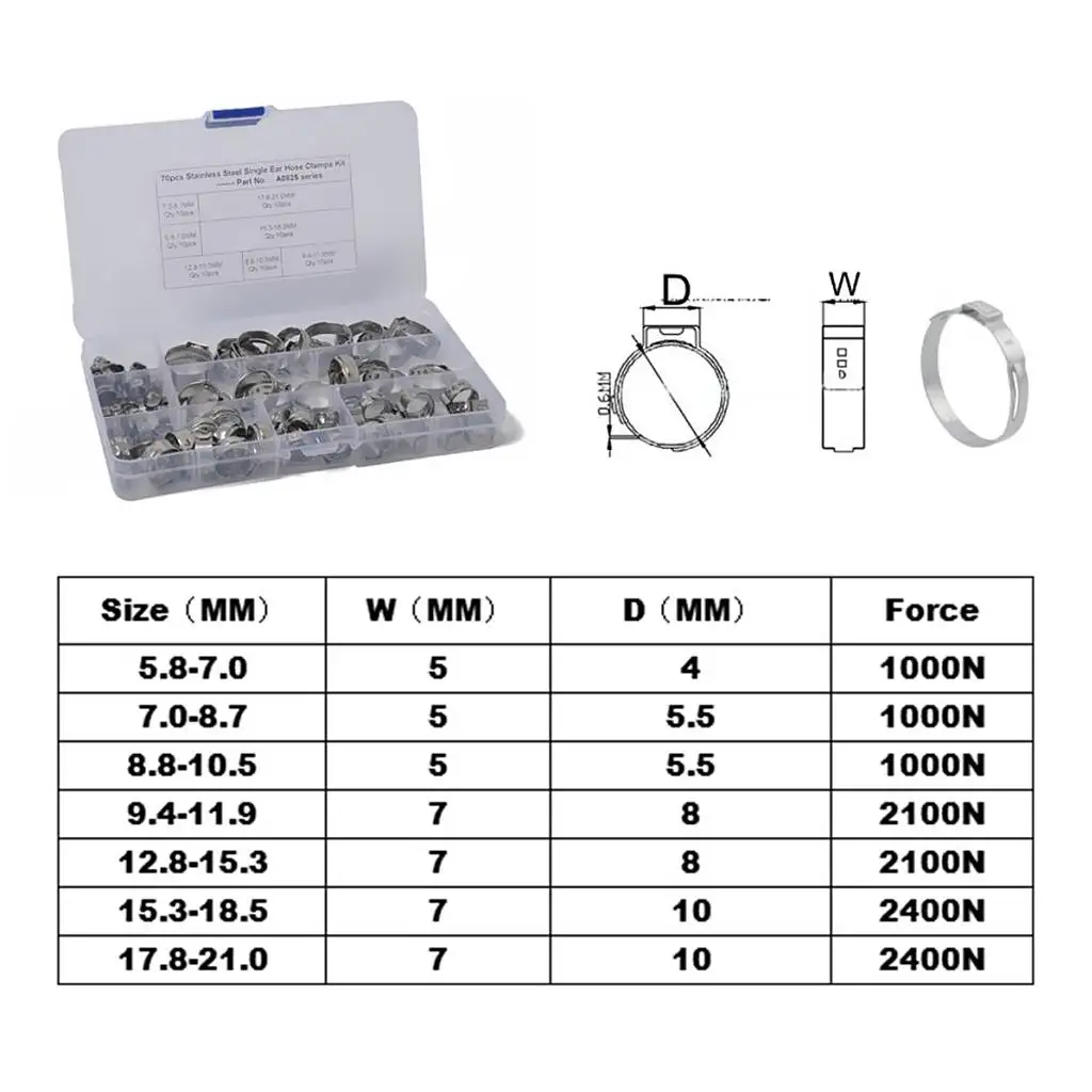 70 Pezzi 5.8-21.0mm Anti-Corrosione Singolo Carburante Aria Idraulica Fascette O-Clips In Acciaio Inox 304