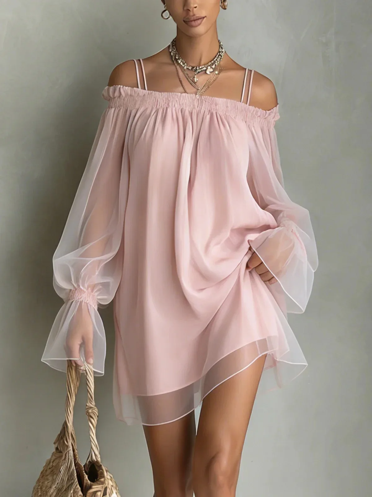 

Women's Double Strap Off-Shoulder Mini Dress Sheer Mesh Long Sleeve Loose Fit Sexy Sweet Fairy Summer New