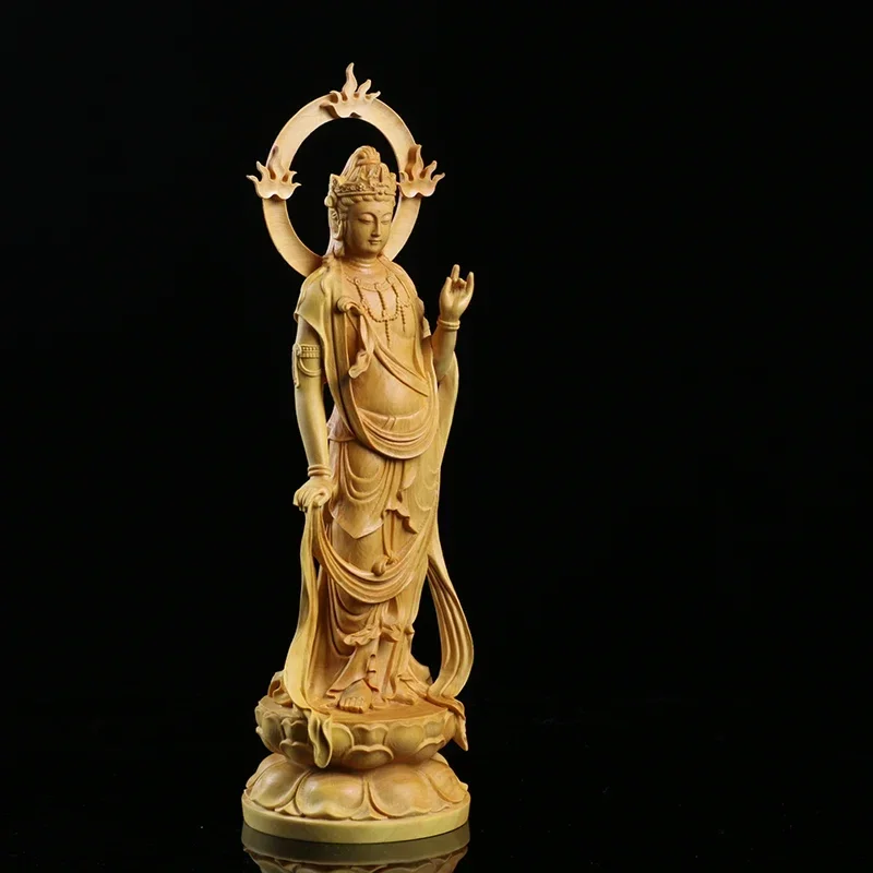 23CM Boxwood Carving Furnishing Ornaments Wood Statue Crafts Buddha Statue Gifts Guanyin Sculpture