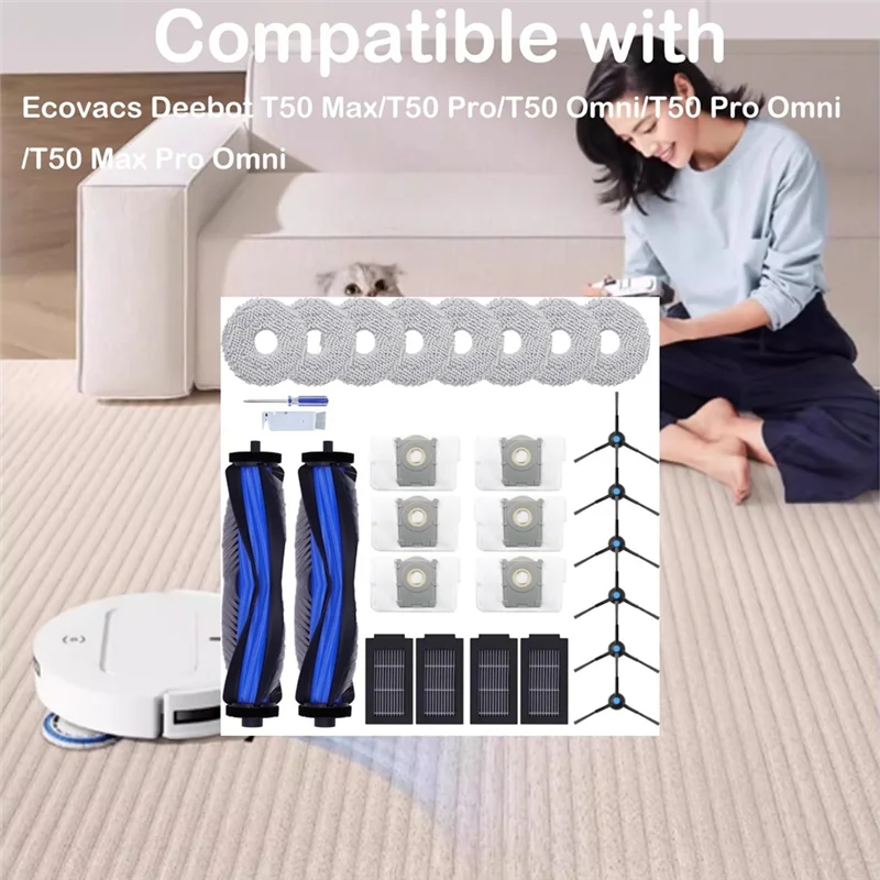 مجموعة ملحقات WHYY-16Pc متوافقة مع المكنسة الكهربائية Ecovacs Deebot T50 Max/T50 Pro/T50 Omni/T50 Pro Omni/T50 Max Pro
