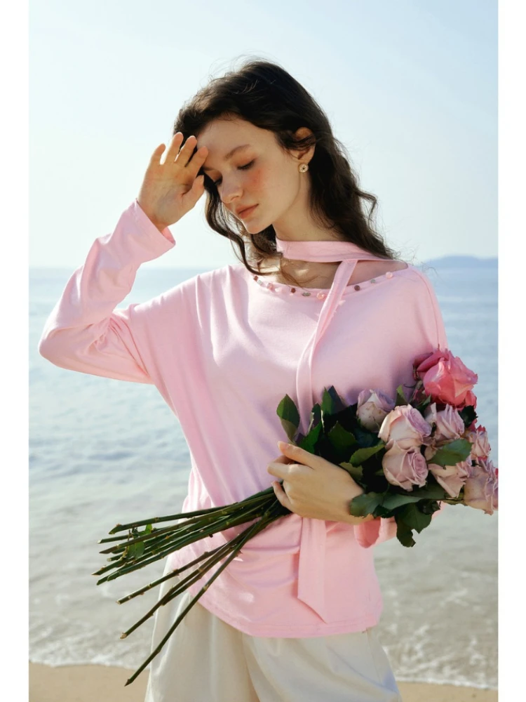 Olrain camisetas femininas slim fit 2026 primavera elegante manga comprida malha senhoras camisetas estilo doce cinto de gravata tops femininos o58ct003139