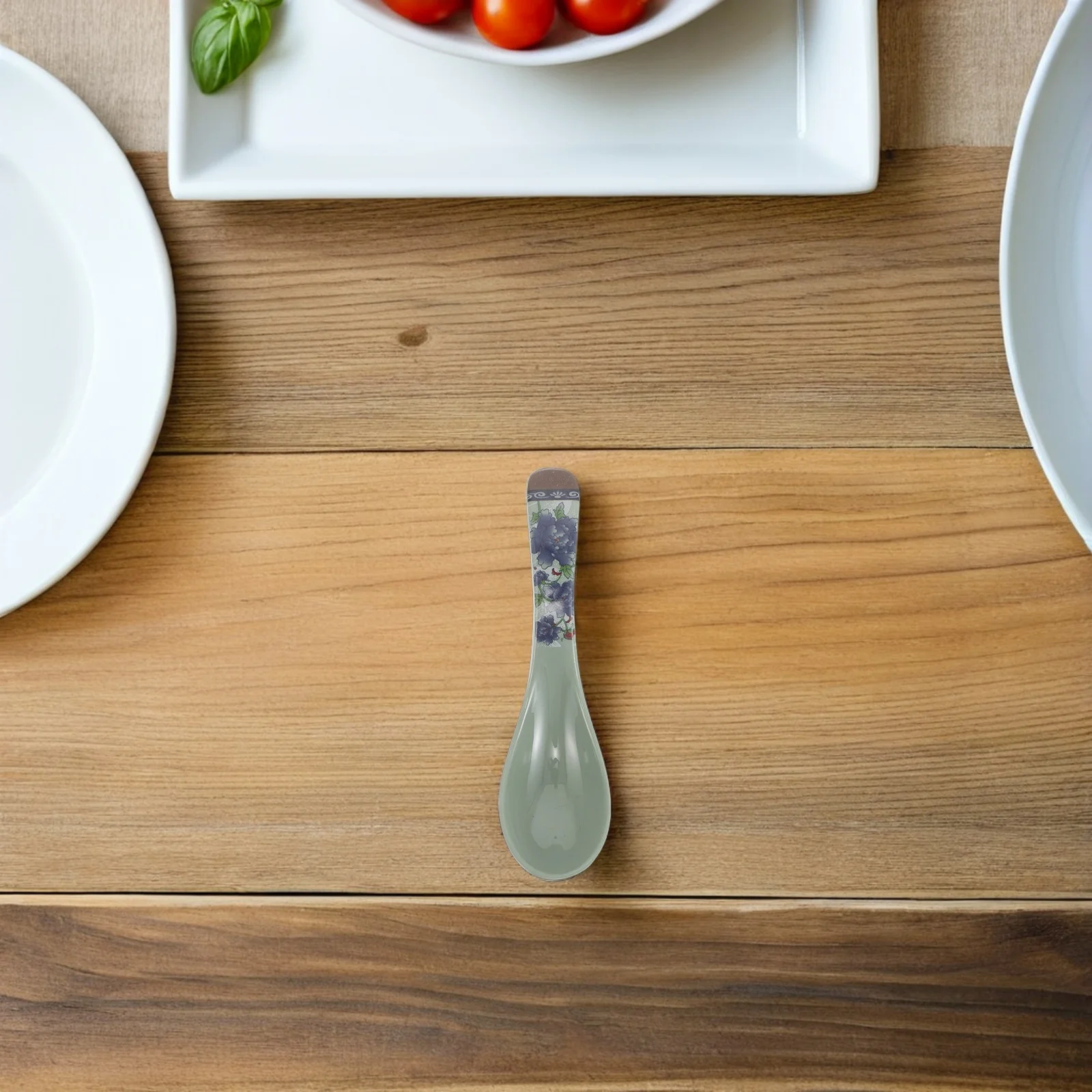 

6Pcs Sturdy Melamine Ramen Spoons Blue Floral Design Elegant Dining Noodle Rice Dessert Teaspoons for Home Picnic