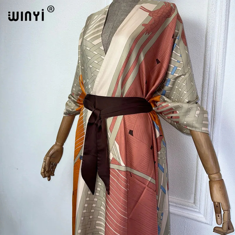 NEW WINYI summer 2024 print Middle east kimono beach cover up dress elegant African women boho Cardigan Holiday maxi abaya