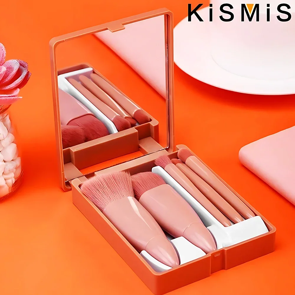 Kismis 5 Pcs Mini Reis Make-Up Borstel Set Met Spiegel Voor Oogschaduw, Foundation, Poeder, Wimper, Lip & Concealer