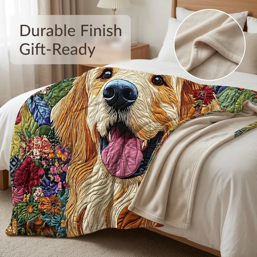 1PC Colorful Quilted Golden Retriever with Flowers Thickened Flannel Throw Blanket, Cozy Fleece Throw, Perfect Gift for Adults