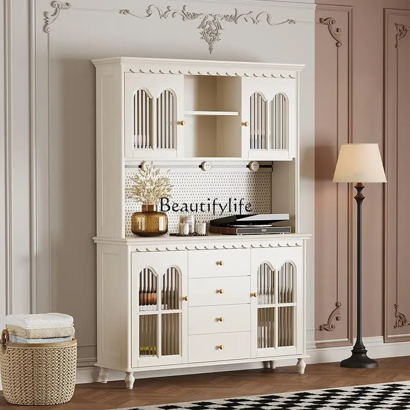 05-خزانة جانبية لتناول الطعام من الخشب الصلب الفرنسي، طبقة مزدوجة علوية وسفلية، خزانة مشروبات تخزين أمريكية على الطراز الكريمي #3