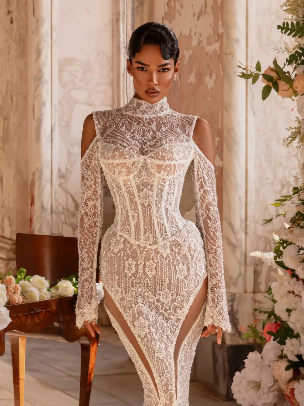 

Романтическое кружевное свадебное платье с вырезом сзади 2026 Винтажное свадебное платье русалки с длинными рукавами длиной до пола, свадебное платье robe de mariée