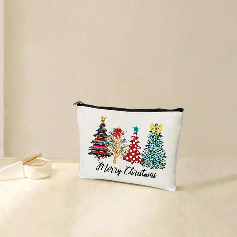 Merry Christmas Tree Pattern Zipper Cosmetic Case Xmas Gift for Friends Sister Mother Daughter Canvas Makeup Bag Toiletry Bags