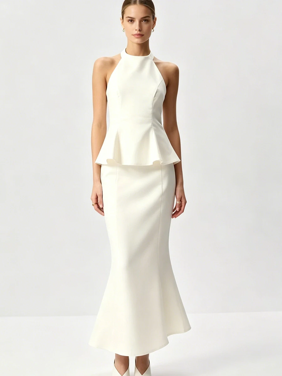 LIMO Women White Halter Peplum Midi Dress Sleeveless Slim Fishtail Skirt