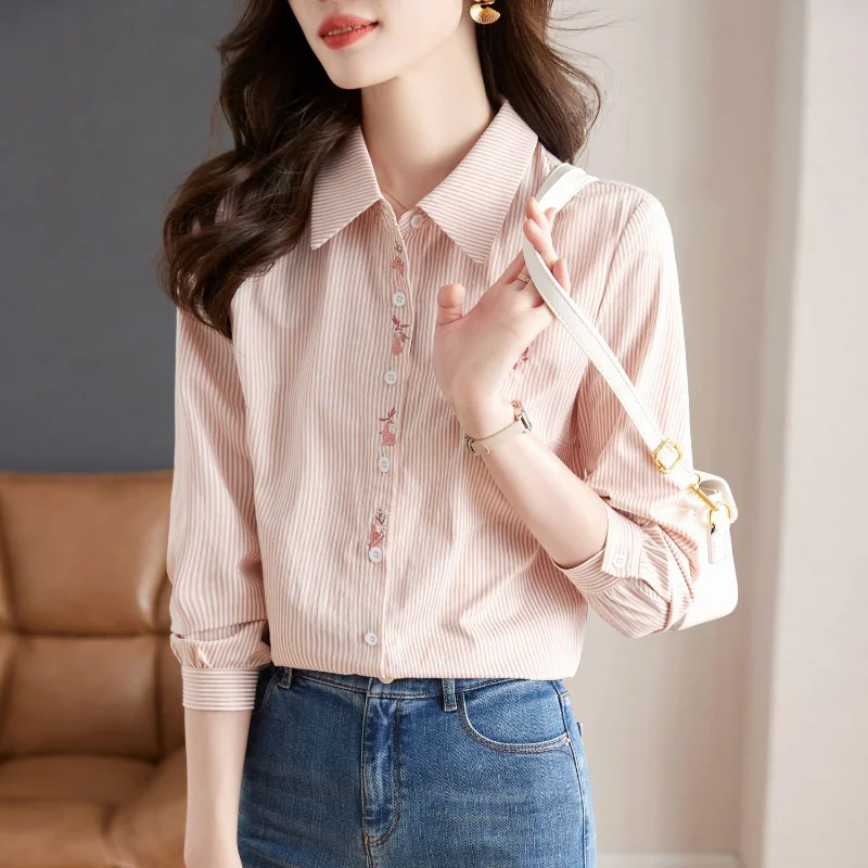 Women\'s Spring Autumn Korean New Polo Collar Striped Shirt Commuter Fashion Embroidered Button Casual Versatile Long Sleeve Tops