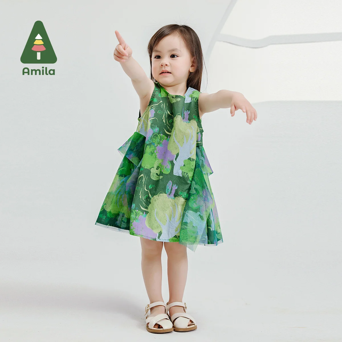 Amila 2024 Summer New Girls Skirt Mesh with Fairy Forest Green Cute Fun Comfortable Dream Dress 0-6Y