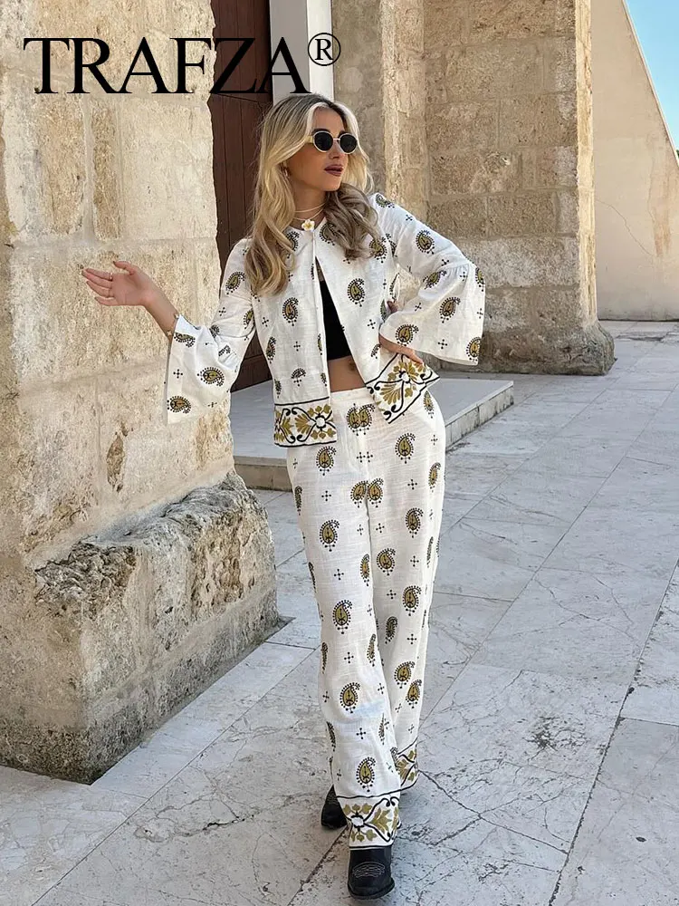 TRAFZA 2024 Summer Trendy Female Elegant Embroidered Pant Sets O-Neck Long Sleeves Cardigan Coat Top+Patchwork Straight Trousers