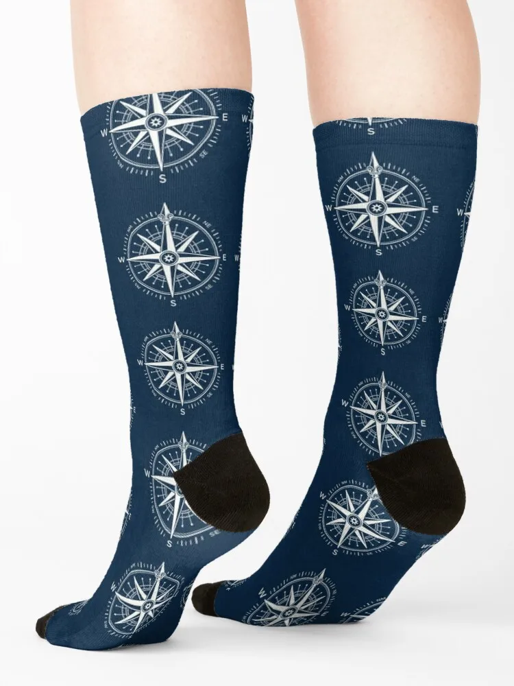 Ornate vintage nautical compass ~ Silver on navy blue Socks Men's shoes valentine gift ideas gift Male Socks Women's