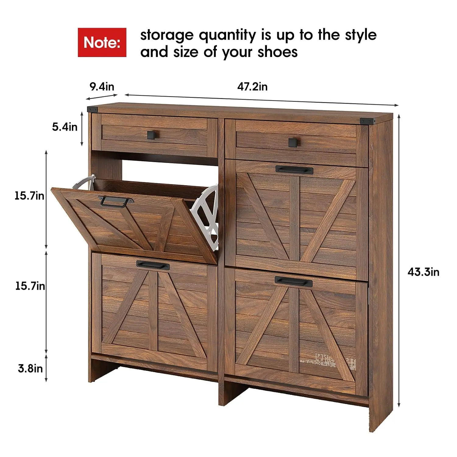 Shoe Cabinet 4 Flip Drawers & 2 Drawers Farmhouse Entryway Slim Freestanding Organizer Dark Walnut, Customized
