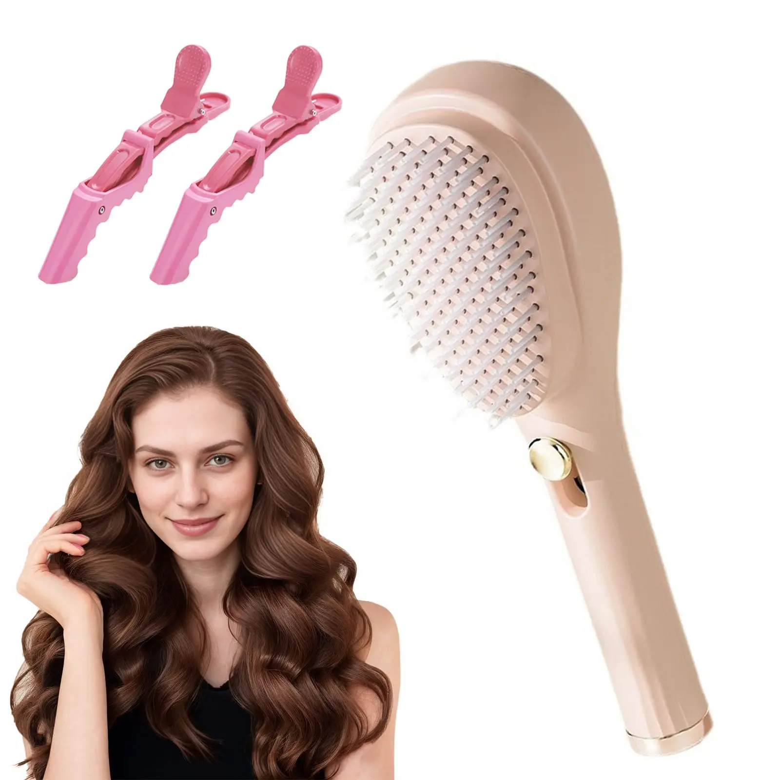 Telescopic Self Cleaning Hair Brush with Two Hair Clips, One Click Comb Anti Static Massage Eliminates Knots for Wet and Dry