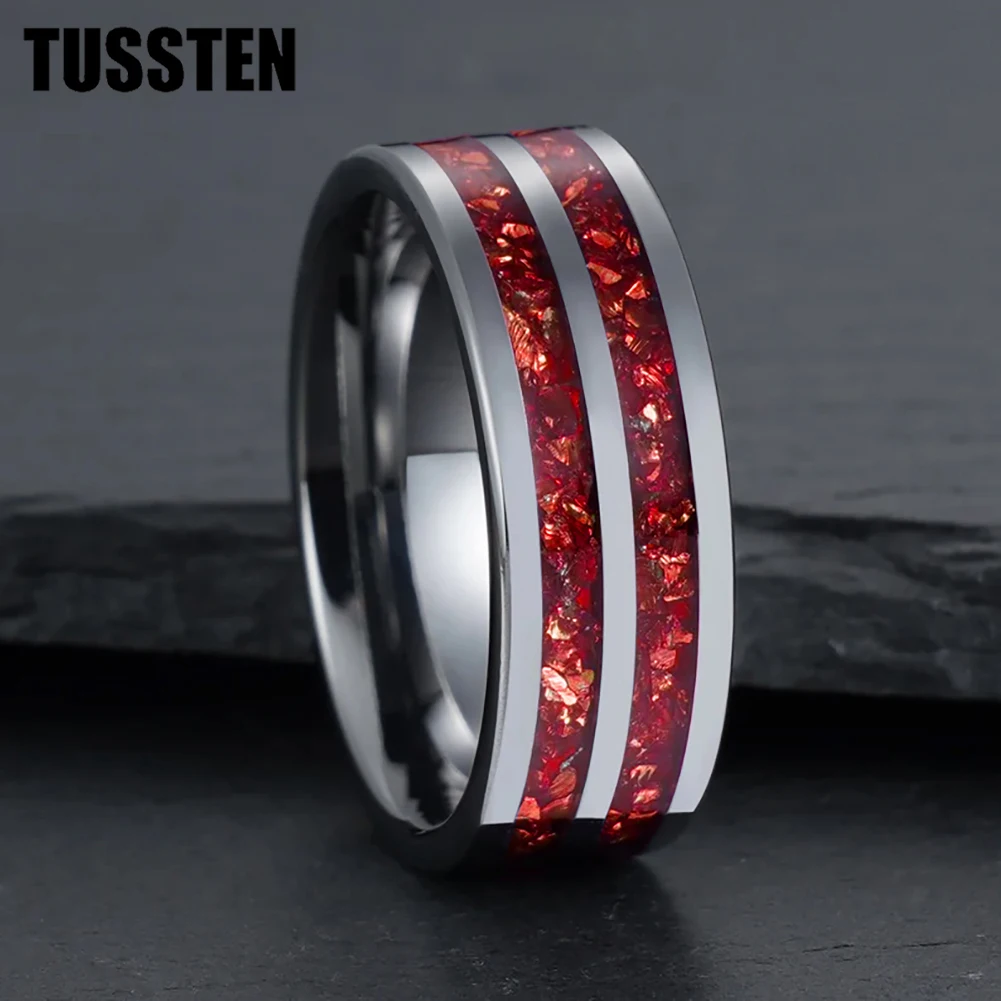 TUSSTEN 6/8mm Plane Double Crystal Stone Inlay Black Tungsten Ring for Men Women Fashion Engagement Wedding BandComfortable Fit