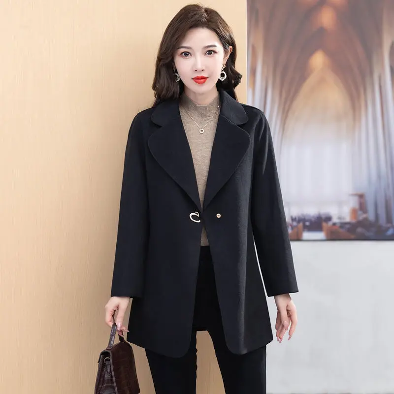 

2024 Autumn New Woolen Coat Women Long Section Advanced Slim Double-sided Suit Collar Woolen Coats Female Cardigan Black Outwear