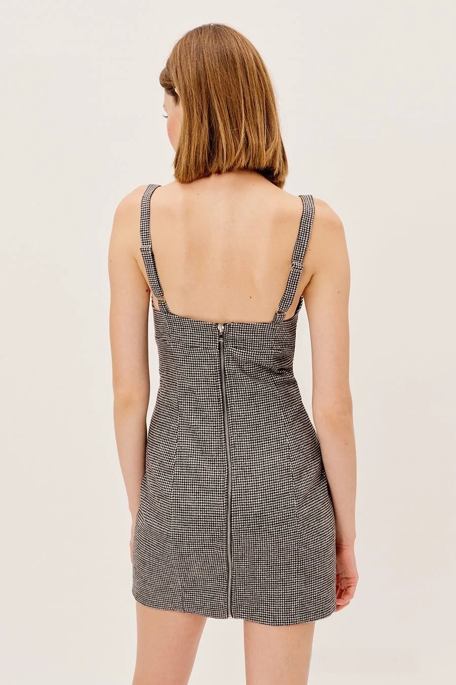 レトロ春夏セクシーミニチェック柄ドレスバックジッパーデザインストリートスタイルハイウエストVネックAラインスカートノースリーブ