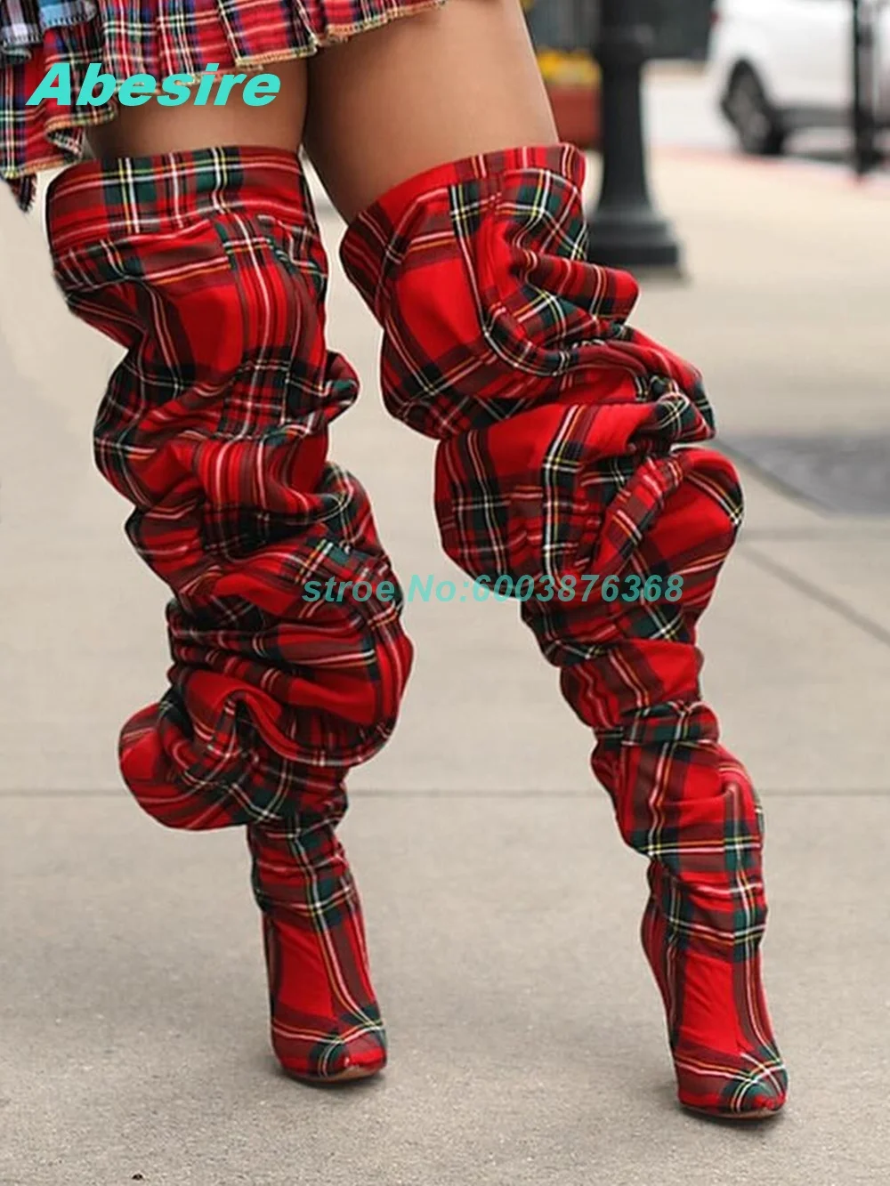 

Красные ботинки выше колена в стиле пэчворк с плиссировкой, заостренным носком и тонким каблуком для женщин, модная обувь в стиле Y2K для дерзких девушек, уличный стиль.