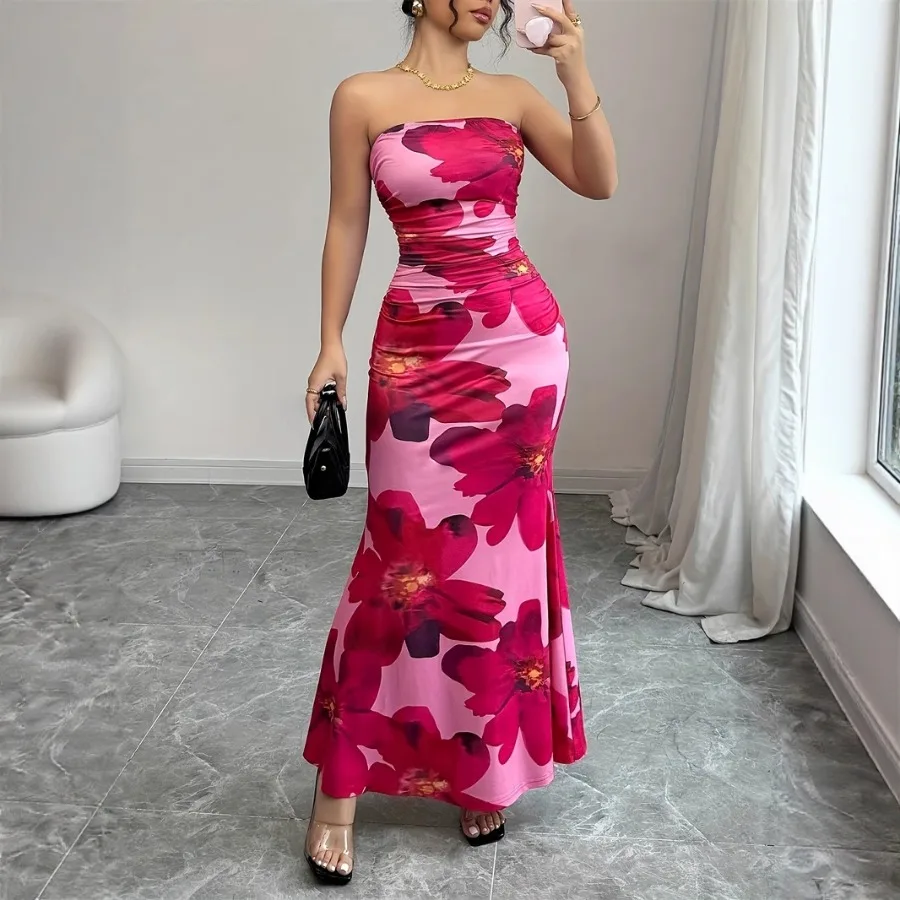 

【New style】Special for summer printed tube top high-waist A-line long dress slimming dress three-dimensional decoration