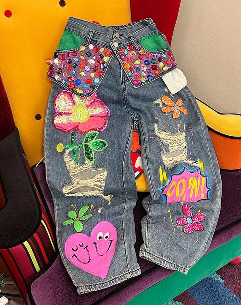 2023 Autumn New Heavy Industry Beaded Sequins Flower Hole Jeans Women High Waist Loose Straight Denim Pants High Street