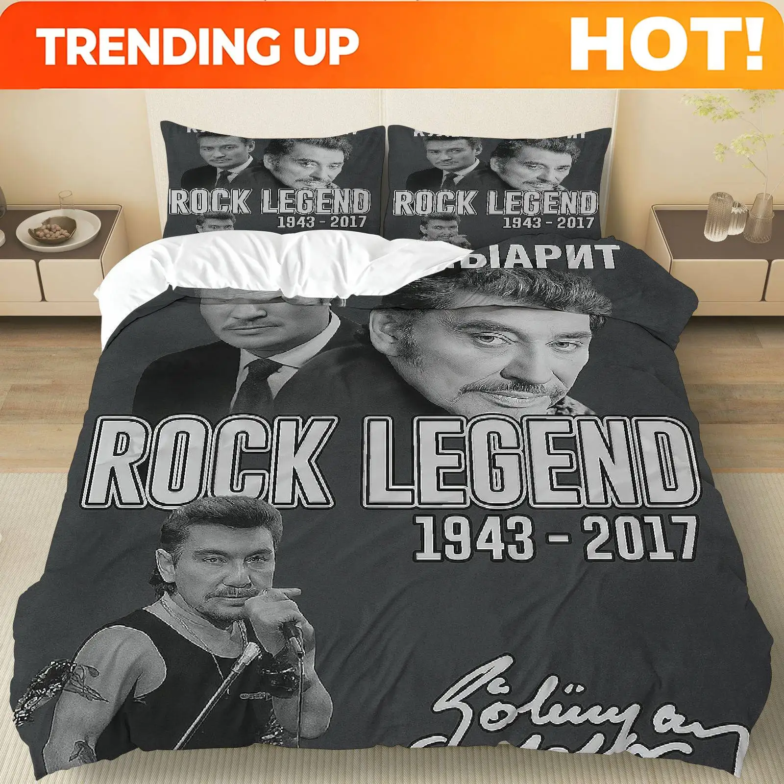 Customize 3pcs Bedding Including 1 Duvet And 2 Pillowcases (Filler Not Included), Featuring a Black And White Retro Rock Legend