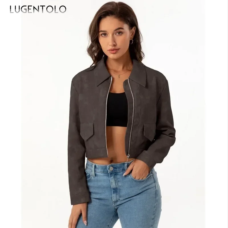 ผู้หญิง PU แจ็คเก็ตฤดูใบไม้ร่วง/ฤดูหนาว 2025 แฟชั่นหลวมหนัง Faux Cropped Coat Retro Lapel Zip เสื้อสเวตเตอร์ถักอเนกประสงค์ Street Wear