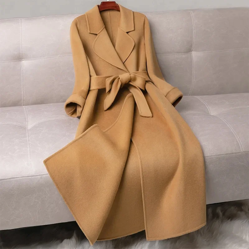 

2025 Fashion Double-sided Woolen Coat Women Long Overcoat Sashes Slim Wool Outerwear Female Streetwear Jackets Autumn Winter
