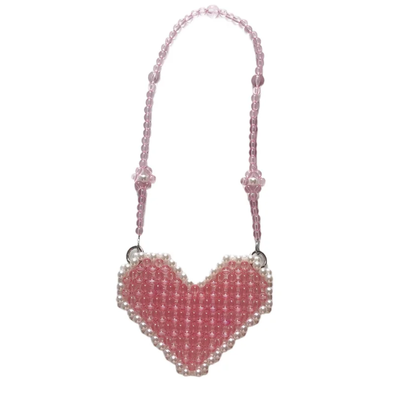 Mini Pink Pearl Love Beaded Bag Handwoven Women\'s Shoulder Crossbody Bags Fashion Peach Heart Lipstick Wallet Small Handbag