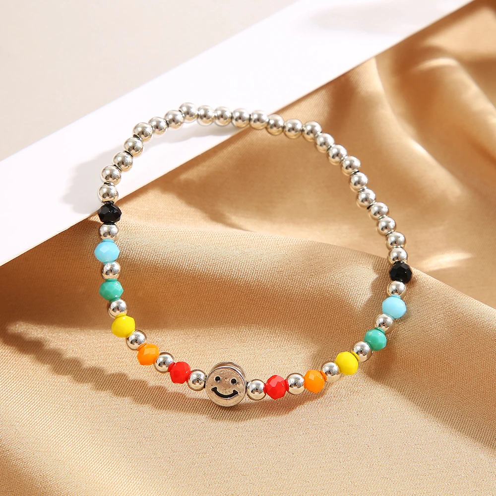 Boho Colorful Beaded Bracelets For Women Girls Cute Rainbow Smile Heart Elastic Chain Bracelet Trendy Jewelry Gifts Accessories