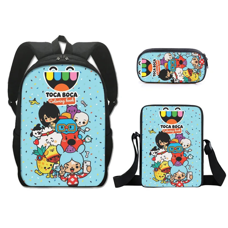 Cartoon mochila Toca Life World para crianças, mochila escolar, bolsa de ombro, bolsa lápis, conjunto de 3 bolsas escolares para menina e menino