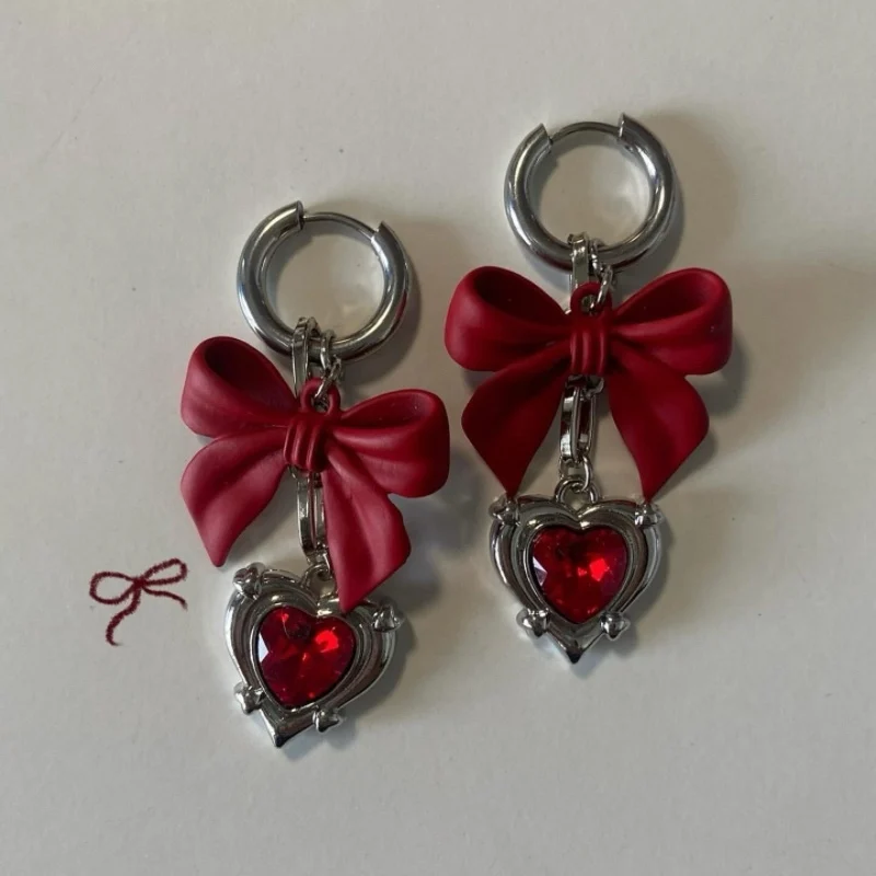 Original Handmade Niche Personality Y2K Sweet Hot Girl Red Bow Heart Pendant Earrings For Women Cute