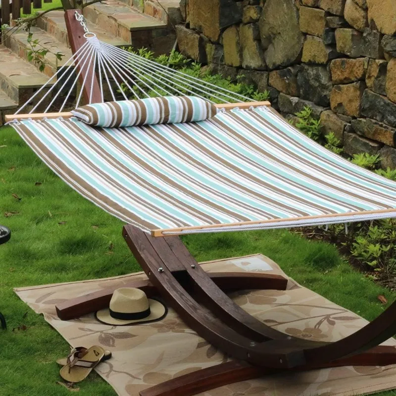 Double Quilted Fabric Hammock w/ Pillow,Hammock w/ Hardwood Spreader Bars,2 Person Hammock 450 Pound Capacity,Blue Brown Stripes