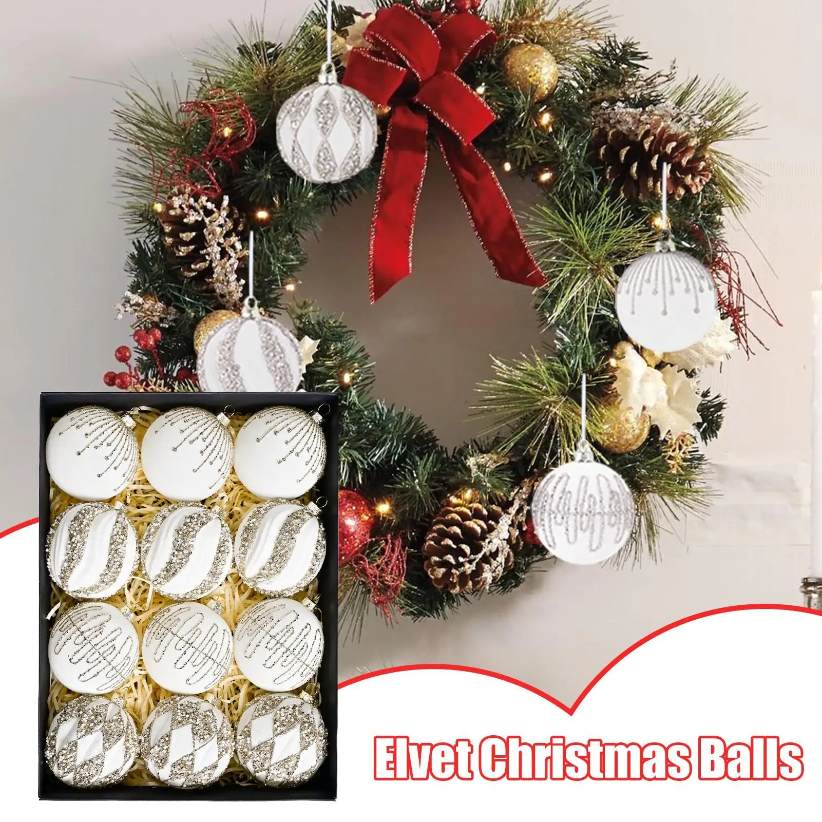 

Рождественские шары, украшения из 12 предметов, рождественские флокированные шары, украшения, праздничный домашний декор для вечеринки в помещении, на открытом воздухе, спальни, гостиной