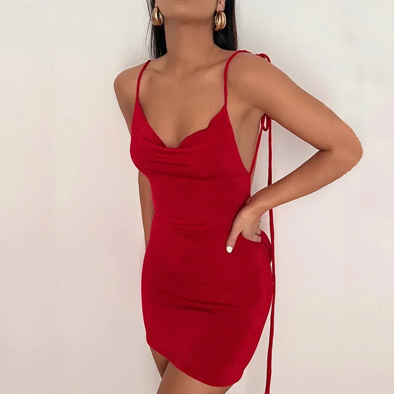 Spaghetti Strap Backless Mini Kleid Für Frauen Robe Sommer Neue Off-schulter Ärmel Bodycon Kurzes Kleid Vestidos