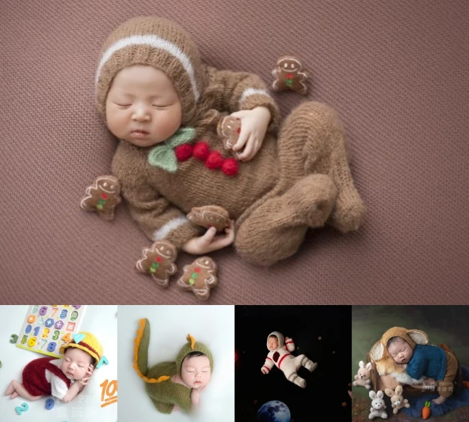 Newborn Photography Clothing Props Cute Animals Handmade Knitting Outfits Hat Full Sleeve Bodysuit Studio Shooting Photo Props