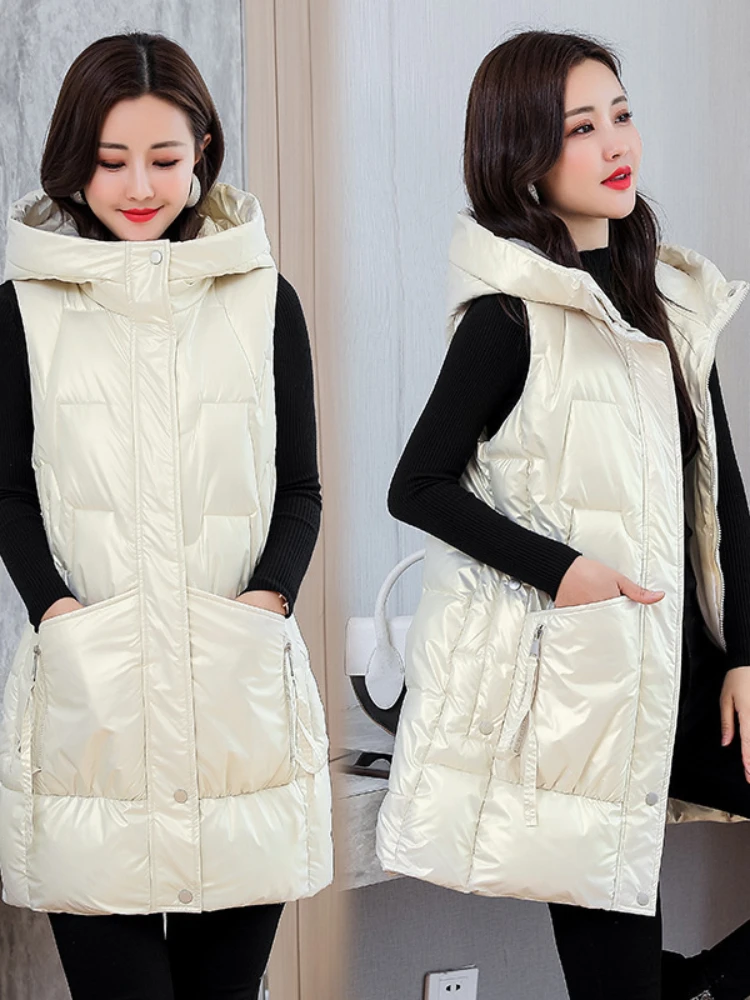 Winter New Mid-length Bright Vests Women Hooded Thick Warm Cotton Padded Sleeveless Waistcoat Coat Female Jackets Parkas Vest