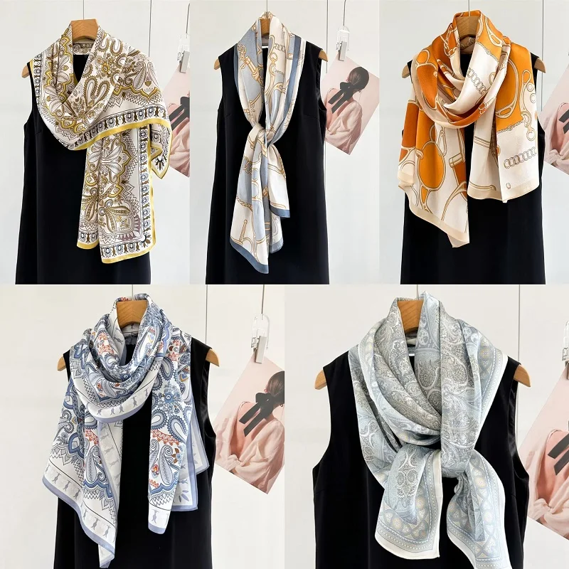 

Luxury Mulberry Silk Hijab Fibroin Crepe Scarf Women Print Cashew Flower Fashion Shawl Bandana Soft Satin Wraps Headbands