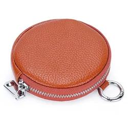 Genuine Leather Zipper Round Coin Purse Wallet with Keychain Coin Organizer Change Holder Mini Leather Storage Bag for Men Women