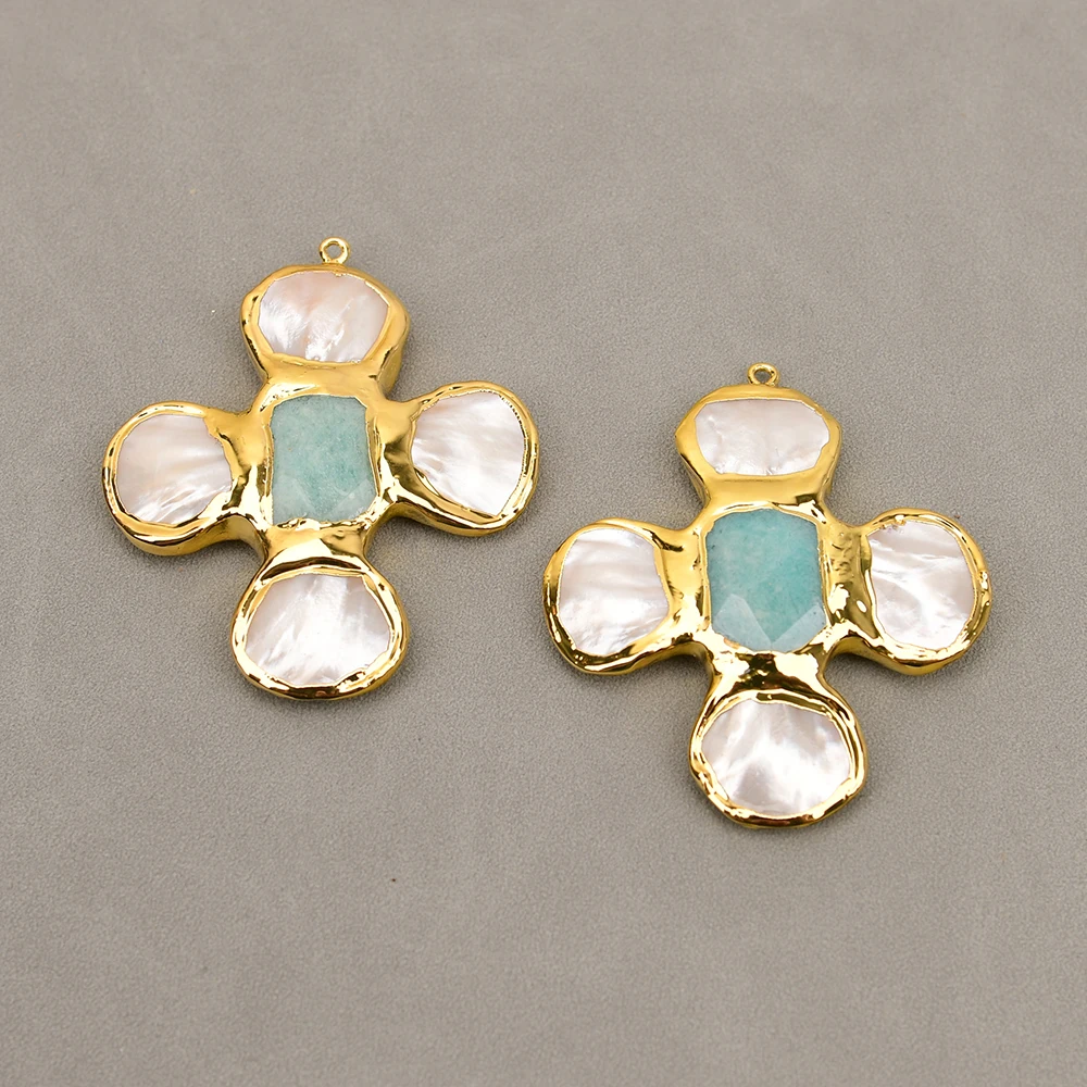 APDGG 2 Pcs 54x58mm White Sea Shell Green Amazonite Stone Charms Cross Pendant Free Shipping