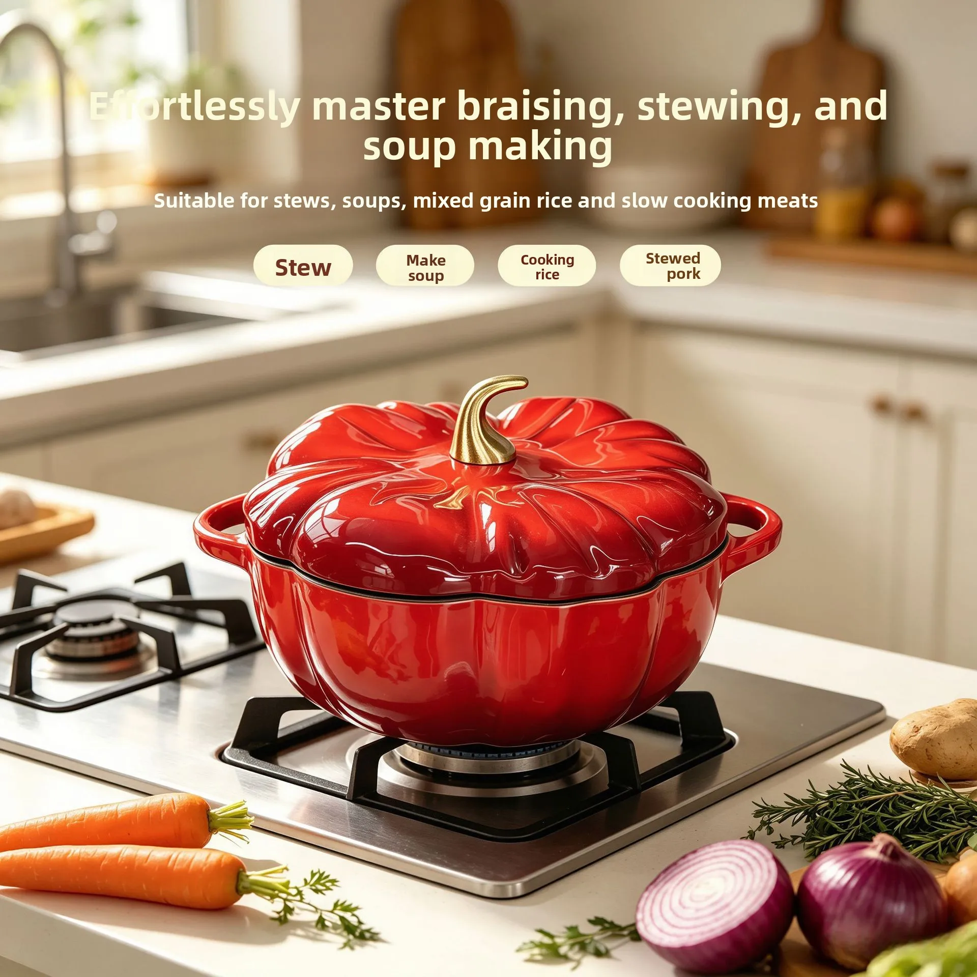 Micro-Pressure Cast Iron Enamel Pumpkin Pot, Household Non-Stick Soup & Stew Pot Compatible with Induction Cooker