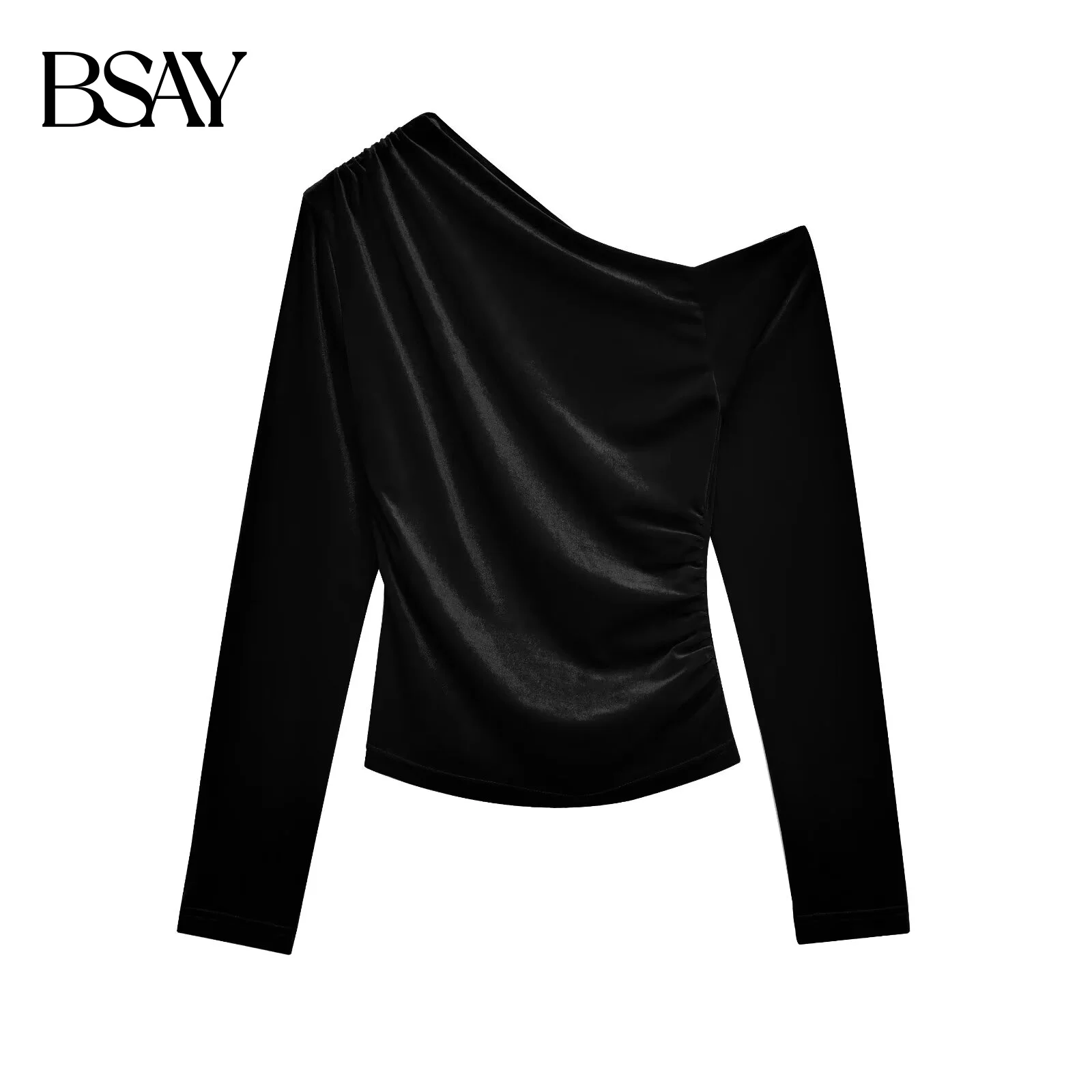 BSAY 레드 비대칭 벨벳 탑 여성 가을 ​​겨울 새로운 슬림 플리츠 파티 블라우스 스트리트 의류 셔츠 세련된 숙녀상의