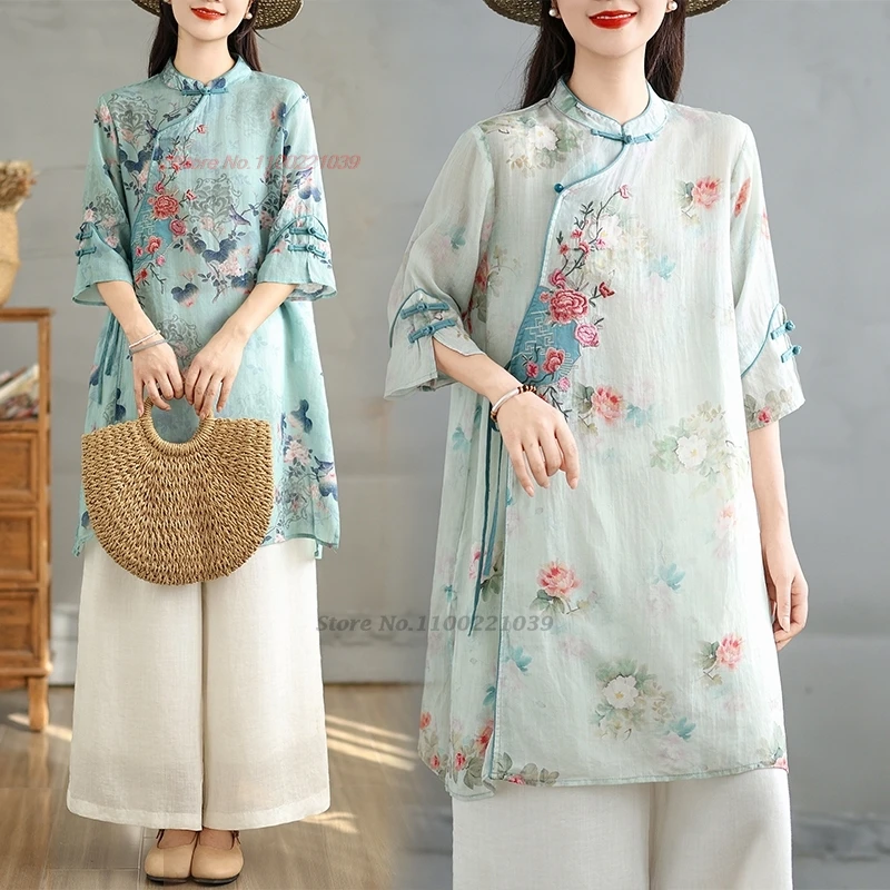 

Китайская винтажная блузка 2025 года, национальный цветочный принт, вышивка, воротник-стойка, народная блузка, традиционные топы ханьфу, свободная блузка в стиле ретро