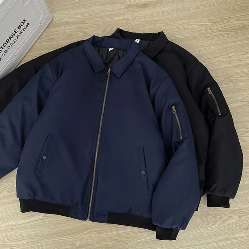Men's Simple Lapel Cotton Jacket American Fashion Thicken Baseball Coat Autumn Winter Casual Retro Male Loose Jackets