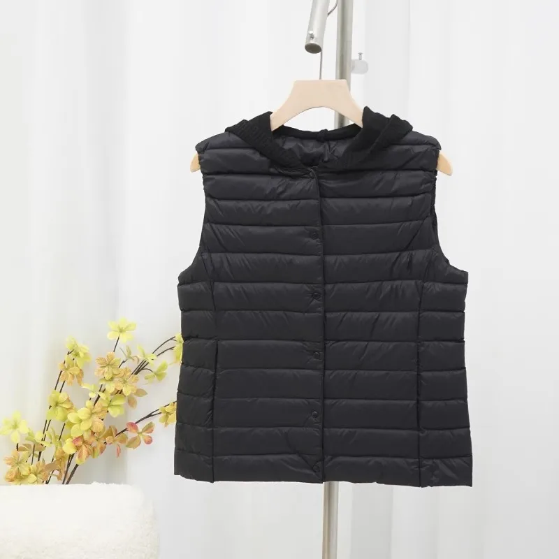 Gilet invernale da donna in maglia con cappuccio, giacca calda, leggera, sottile, in piumino d'anatra bianca, parka, canotta corta senza maniche femminile