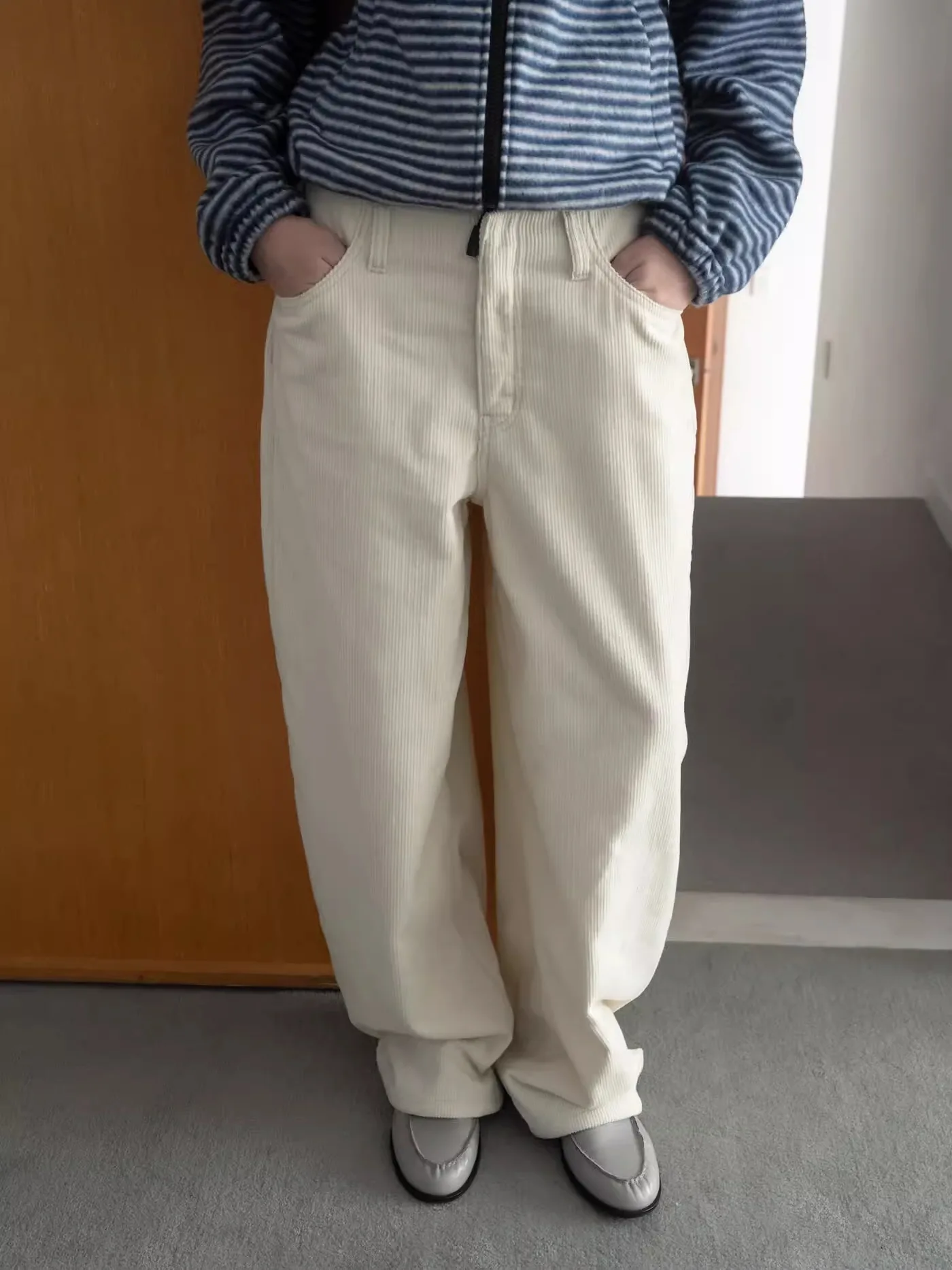 

Corduroy Loose Fit Color White mat Casual Pants Smoothmood Winter New Arrival Straight Leg High Waist Zipper