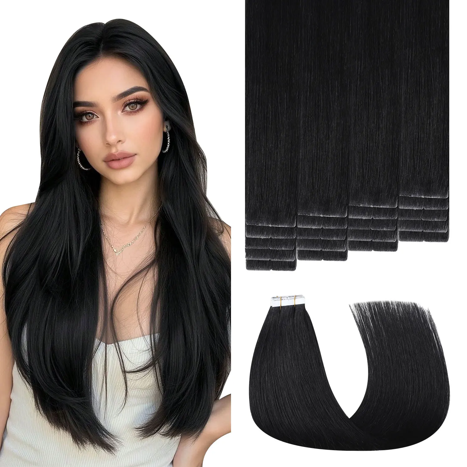 Invisible Tape in Hair Extensions Real Human Hair 3rd-Generation #1 Jet Black Color 20pcs Invisi Edge Tape in Extensions