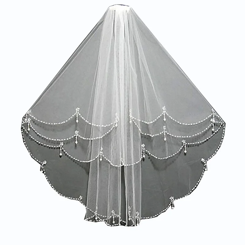 Women Wedding Veil with Comb 2 Layers Tulle Pearls Beads Bridal Accessories