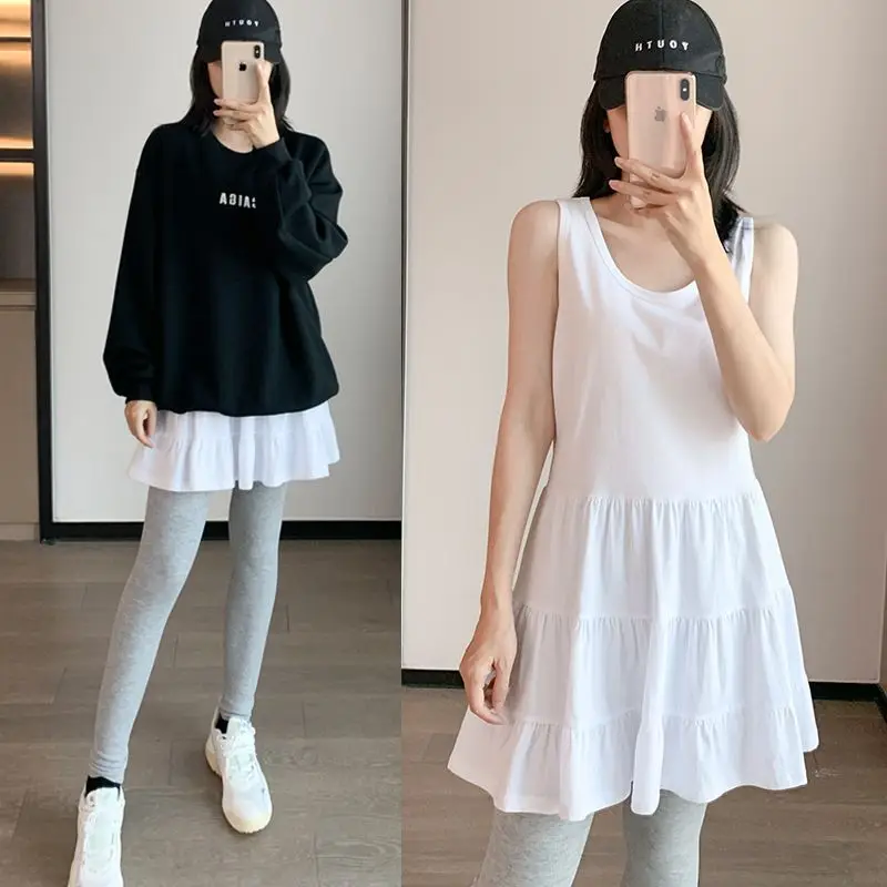 New Women's Base Layer Tank Top Midi Skirt Sweatshirt Umbrella Skirt Belted Mid-Length Strap Vest Polyester Spandex Blend